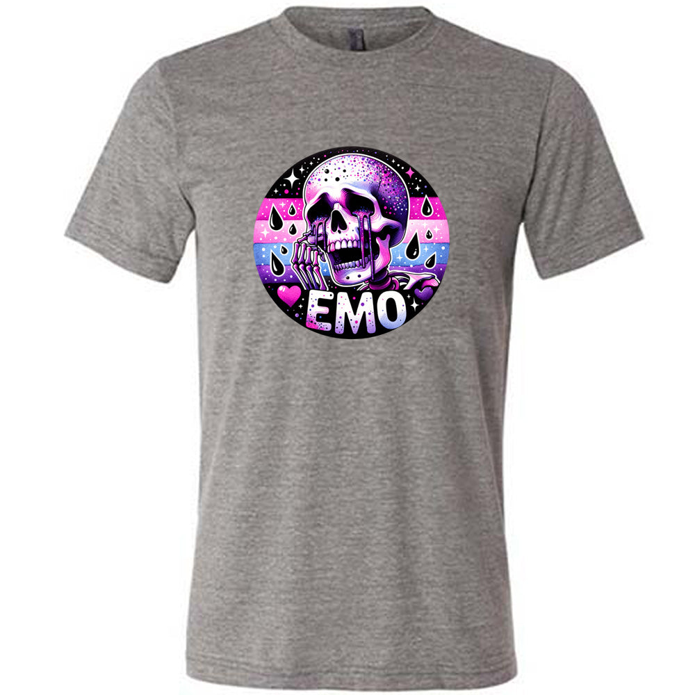 grey shirt with a crying skeleton graphic on it