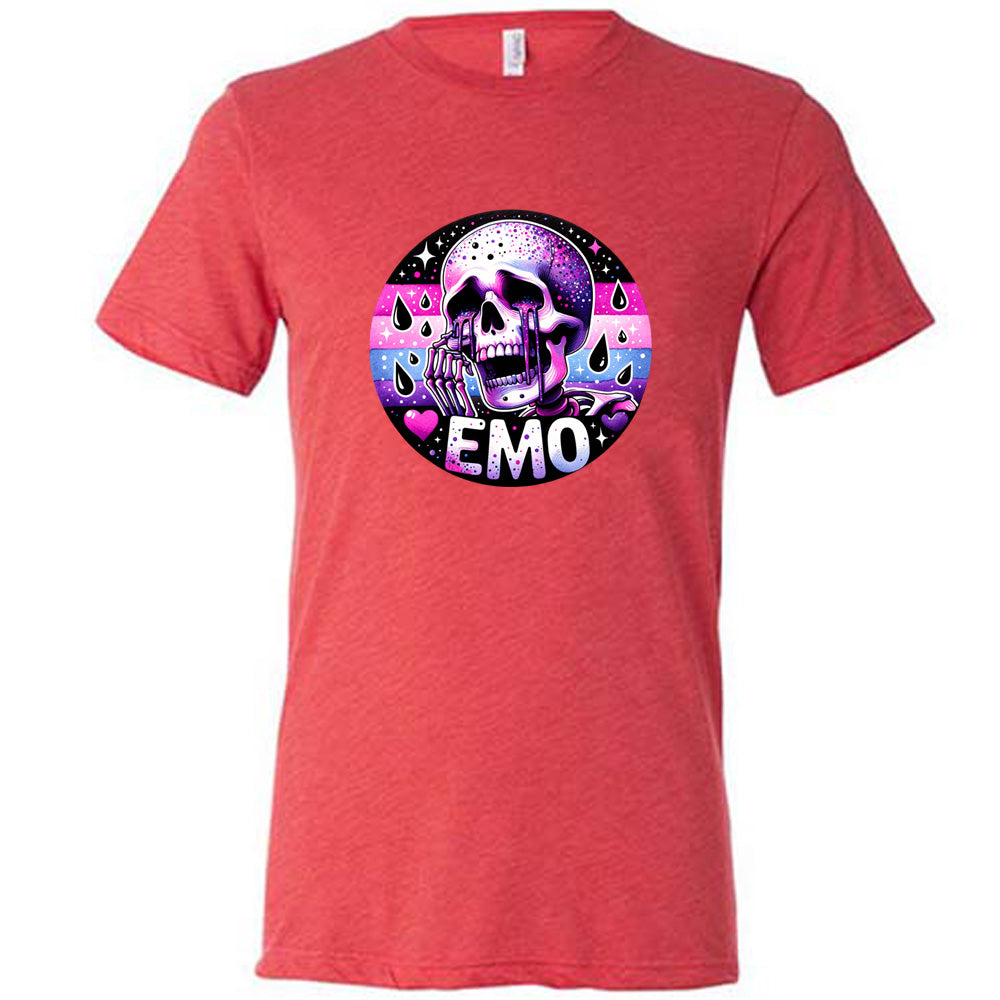 red shirt with a crying skeleton graphic on it