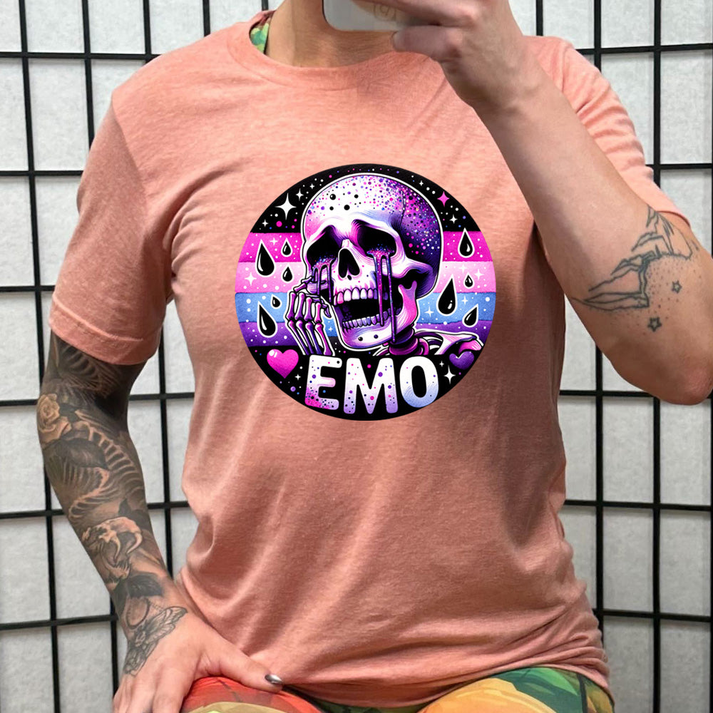 coral shirt with a crying skeleton graphic on it