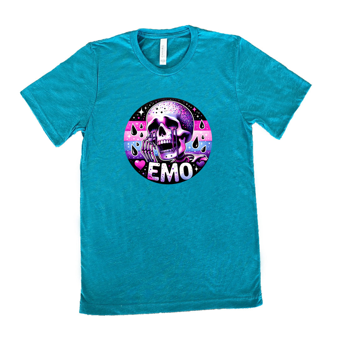 teal shirt with a crying skeleton graphic on it