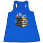 blue shirt with a fairy sitting on books graphic in the center