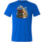 blue shirt with a fairy sitting on books graphic in the center