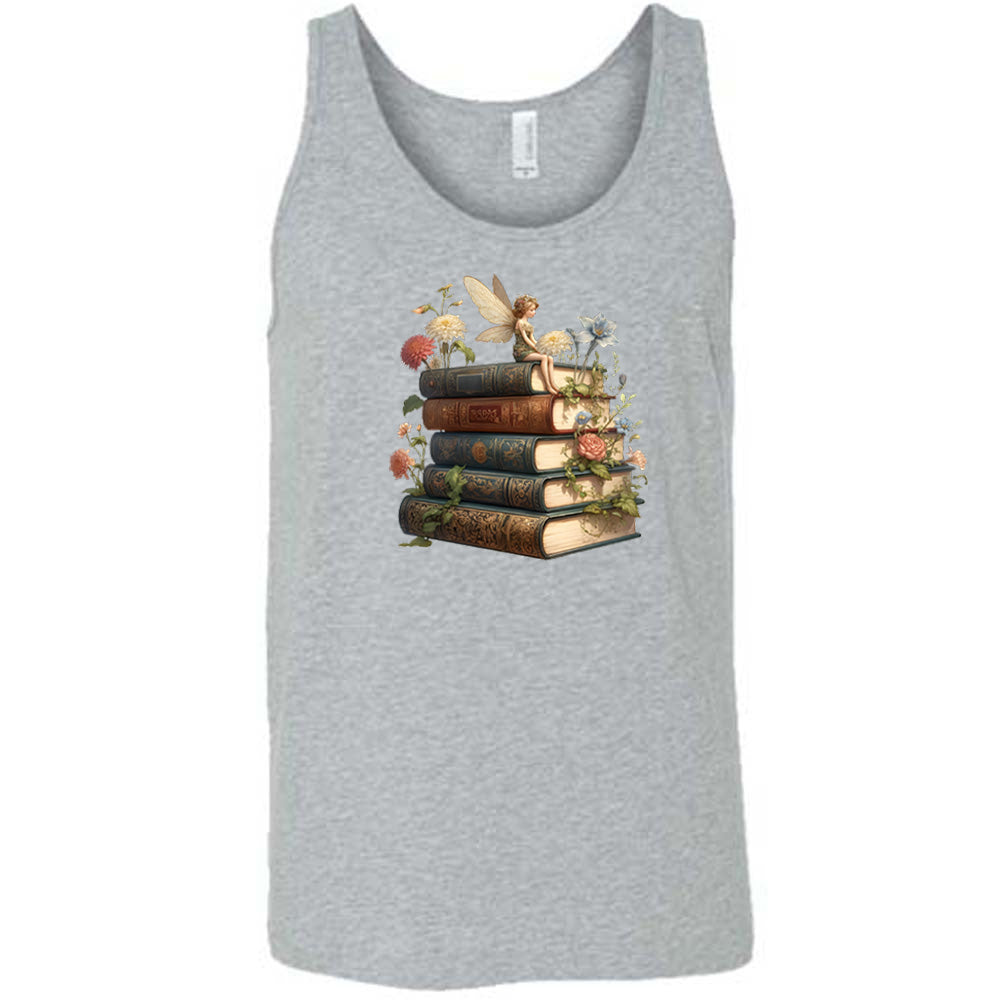 grey shirt with a fairy sitting on books graphic in the center