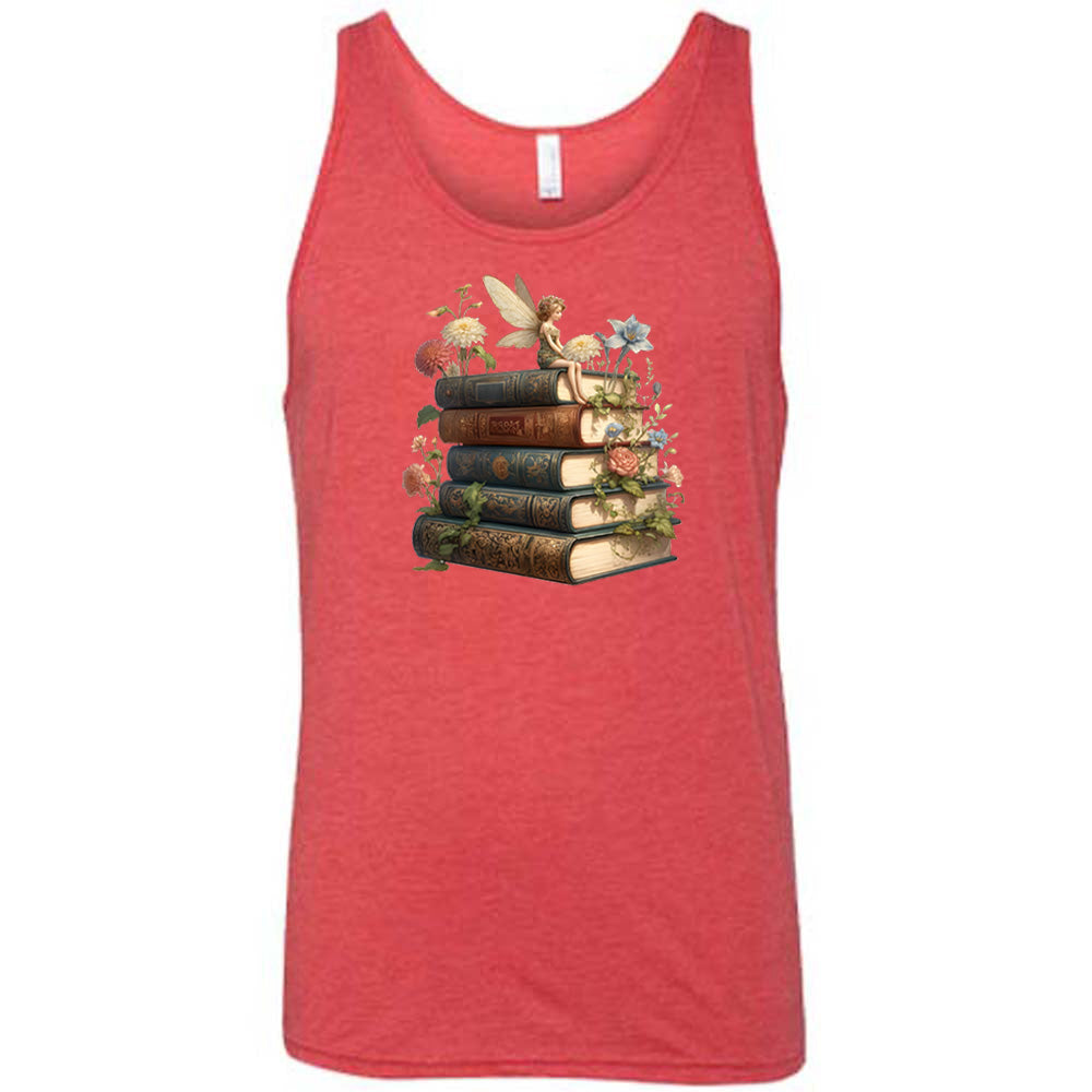 red shirt with a fairy sitting on books graphic in the center