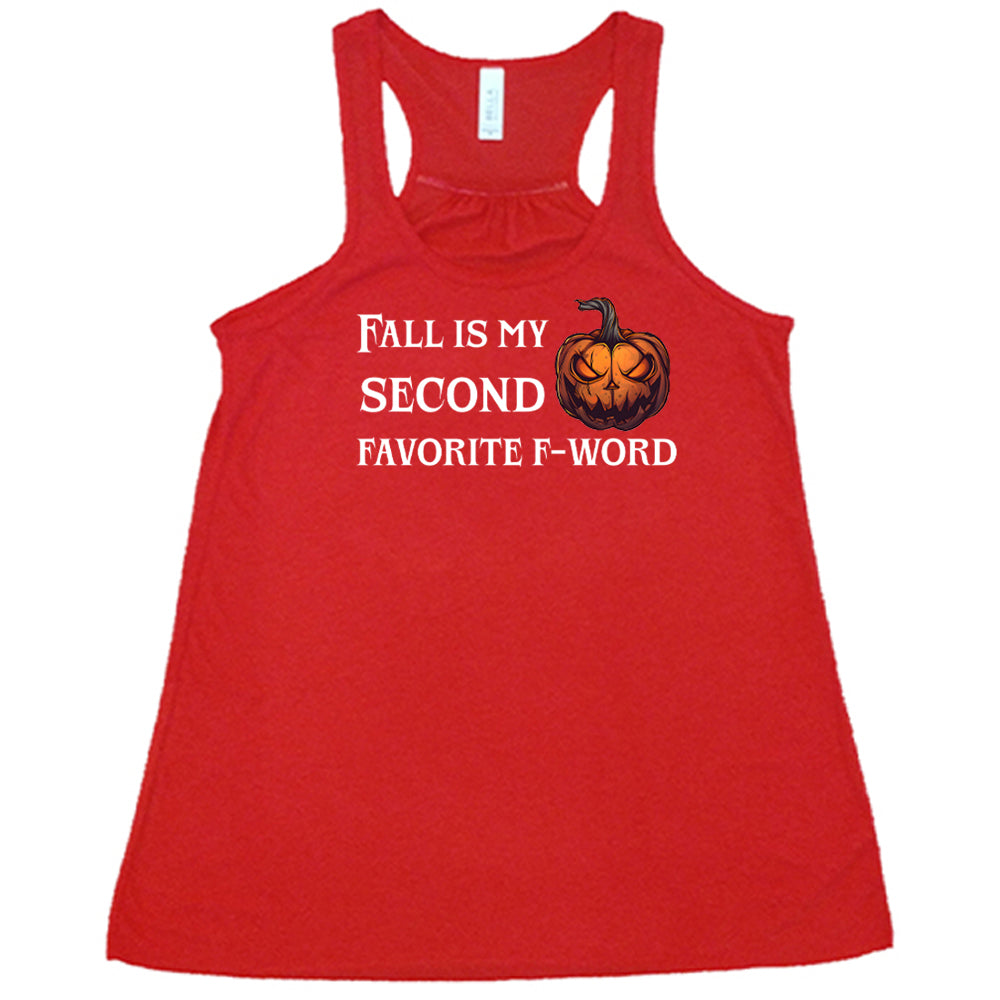 red shirt with the quote "Fall Is My Second Favorite F-Word Pumpkin" on it