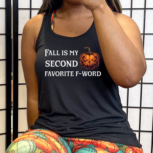 black shirt with the quote "Fall Is My Second Favorite F-Word Pumpkin" on it