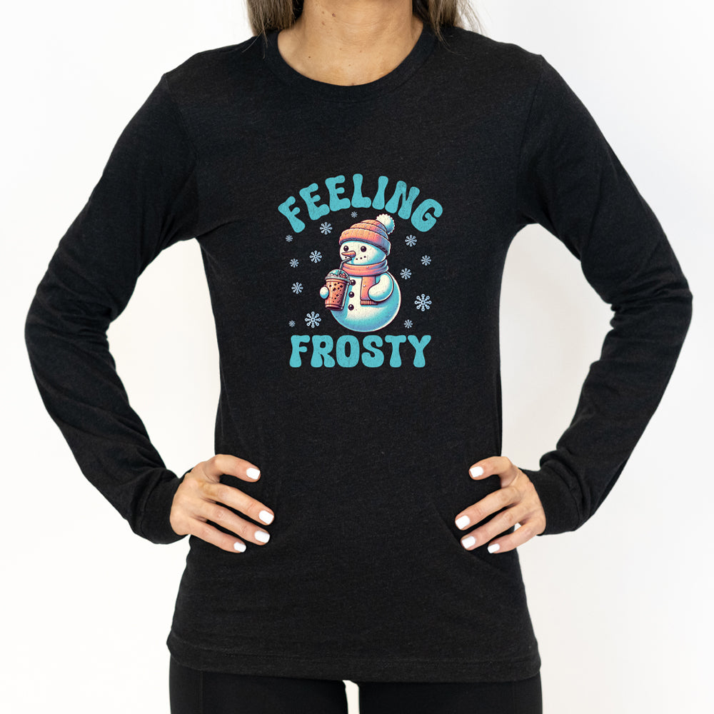 black long sleeve shirt with the text "Feelin Frosty" and a snowman graphic on it