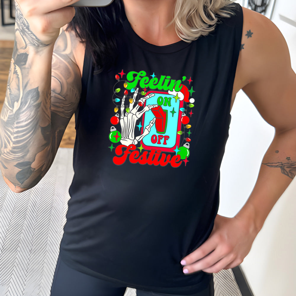 black muscle tank with the text "Feelin' Festive" on it