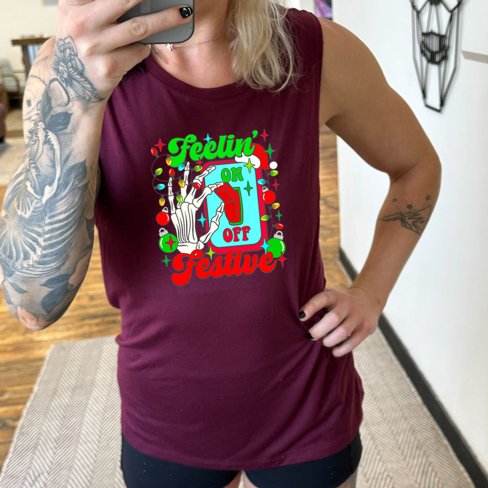 maroon muscle tank with the text "Feelin' Festive" on it