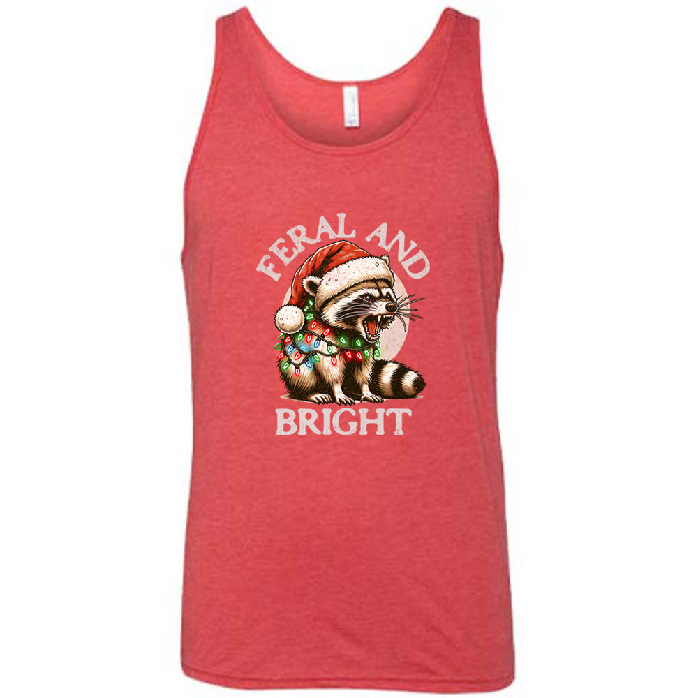 red shirt with the text "Feral And Bright" with a raccoon graphic on it