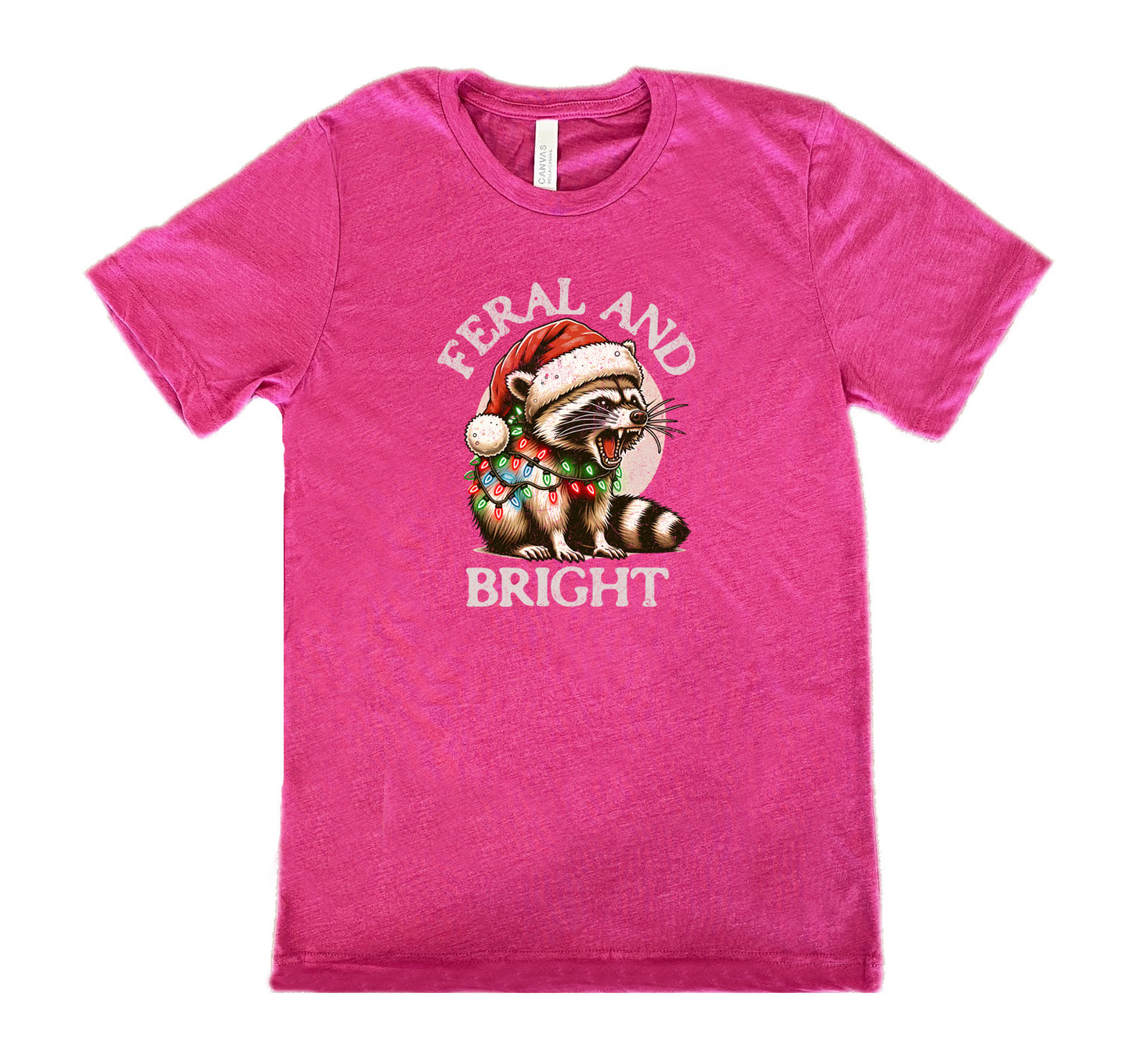 berry shirt with the text "Feral And Bright" with a raccoon graphic on it