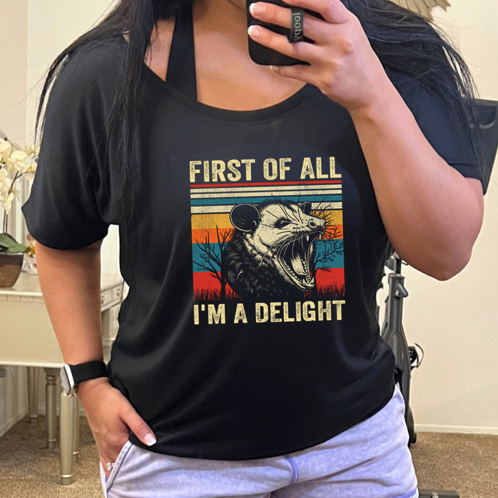 model wearing the First Of All I'm A Delight Slouchy Tee