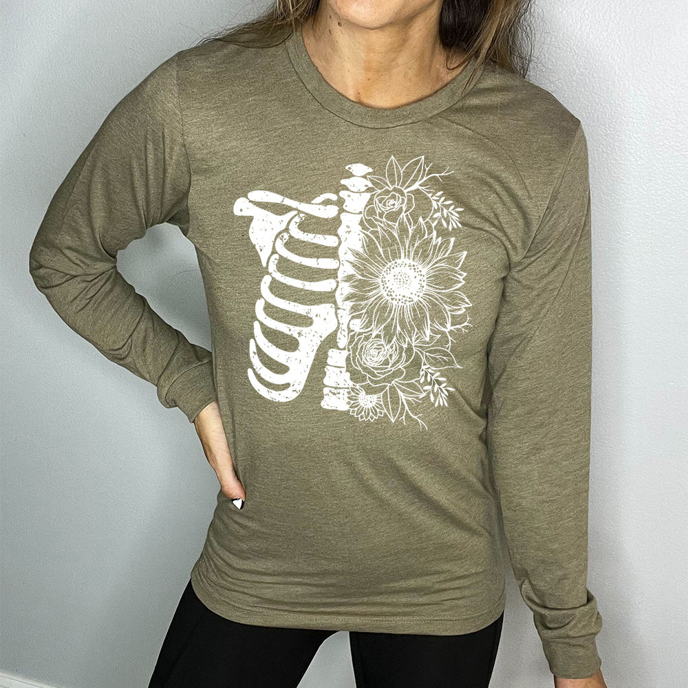 olive green long sleeve shirt with a white Floral Ribcage graphic on it