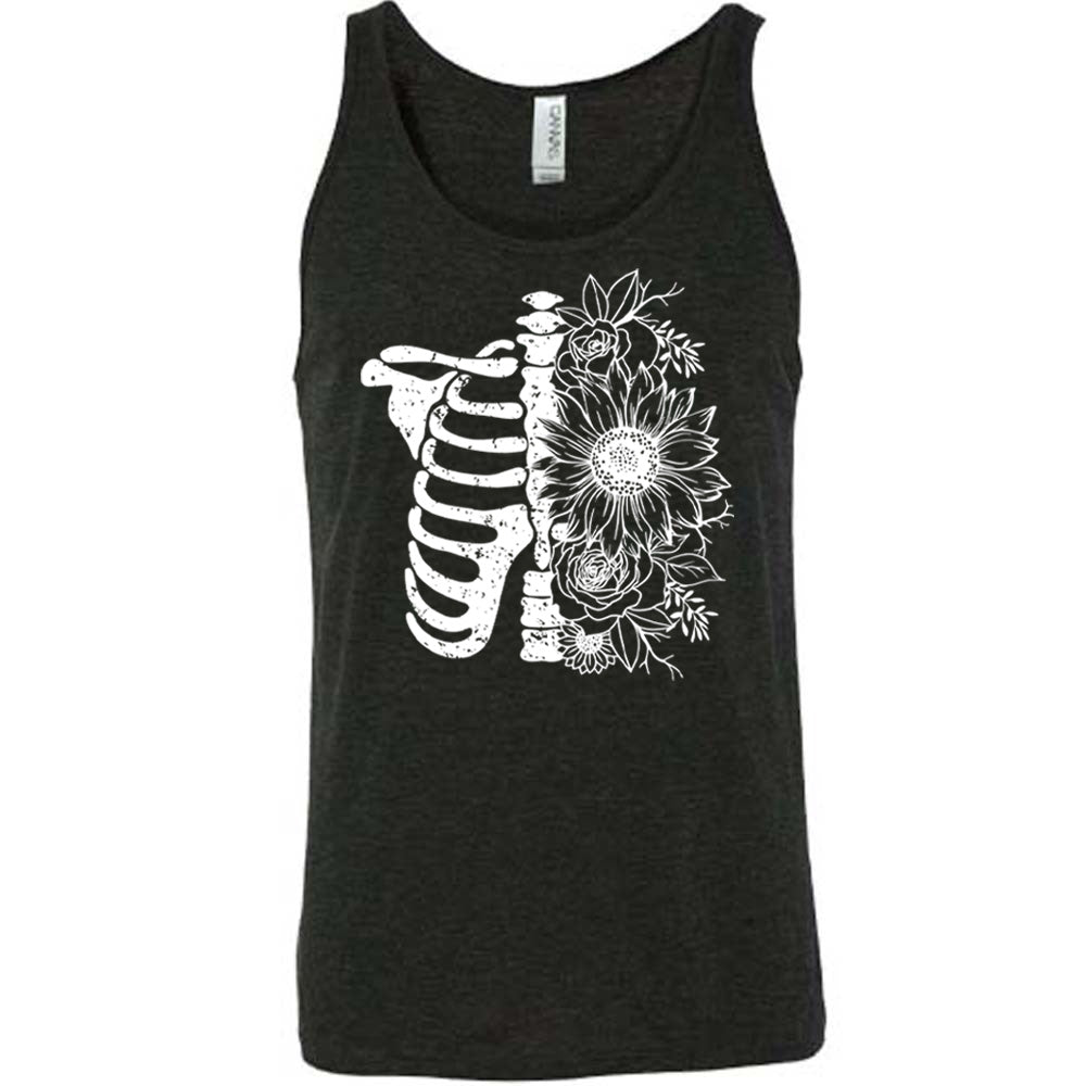 black shirt with a white Floral Ribcage graphic on it