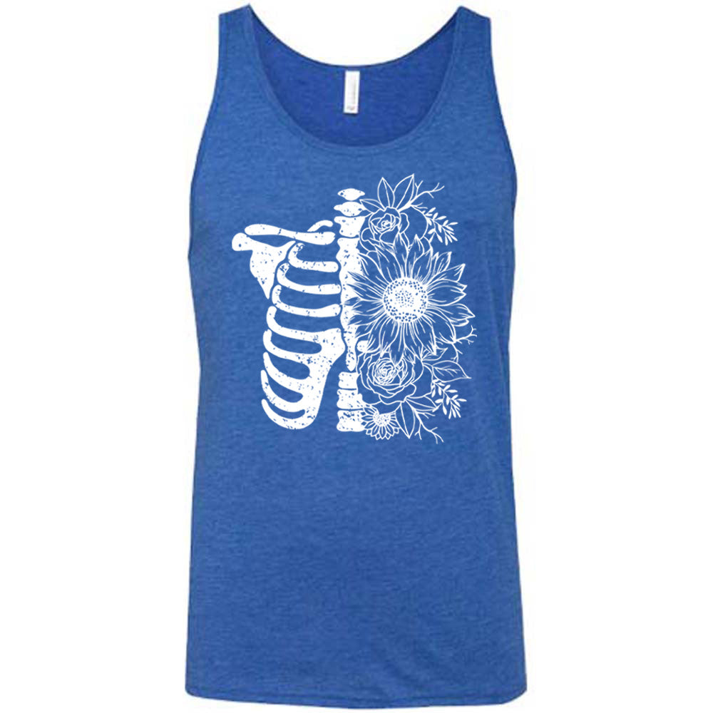 blue shirt with a white Floral Ribcage graphic on it