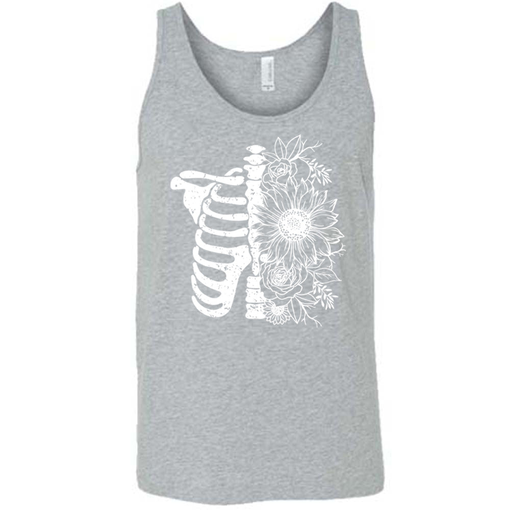 grey shirt with a white Floral Ribcage graphic on it