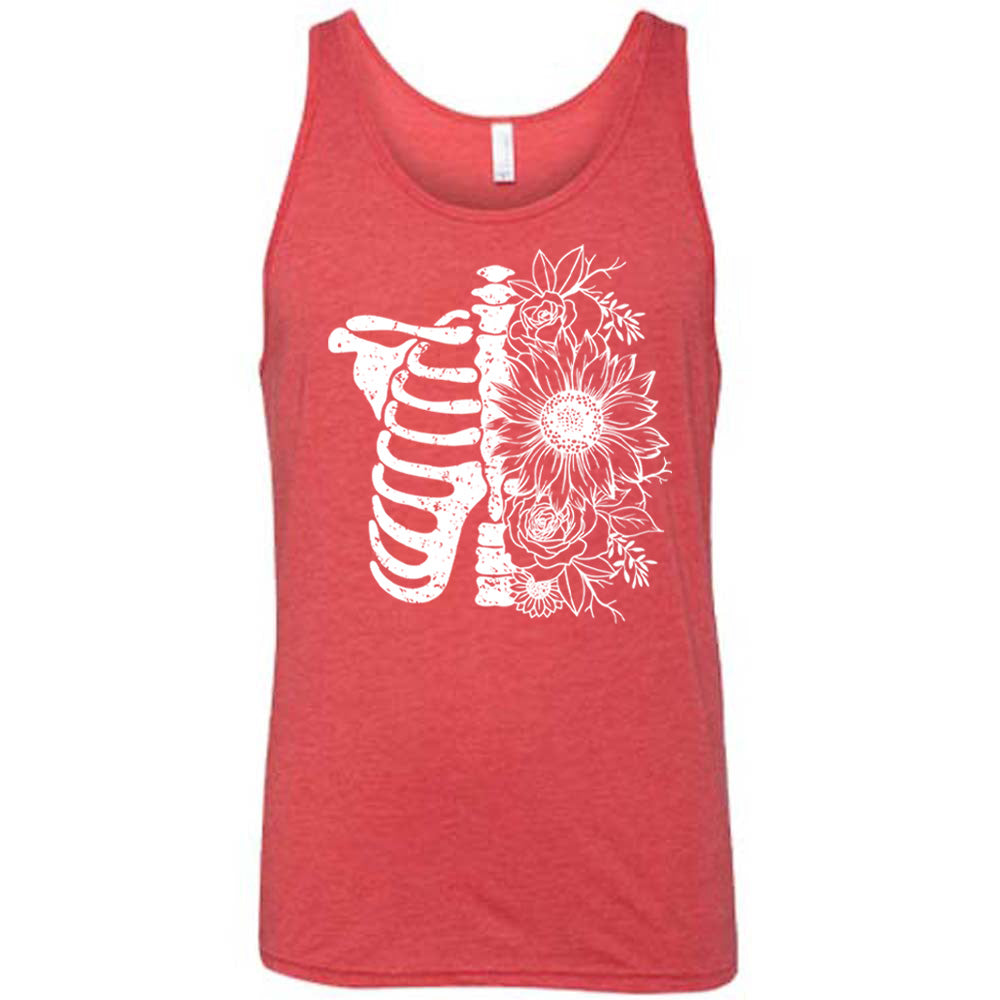 red shirt with a white Floral Ribcage graphic on it