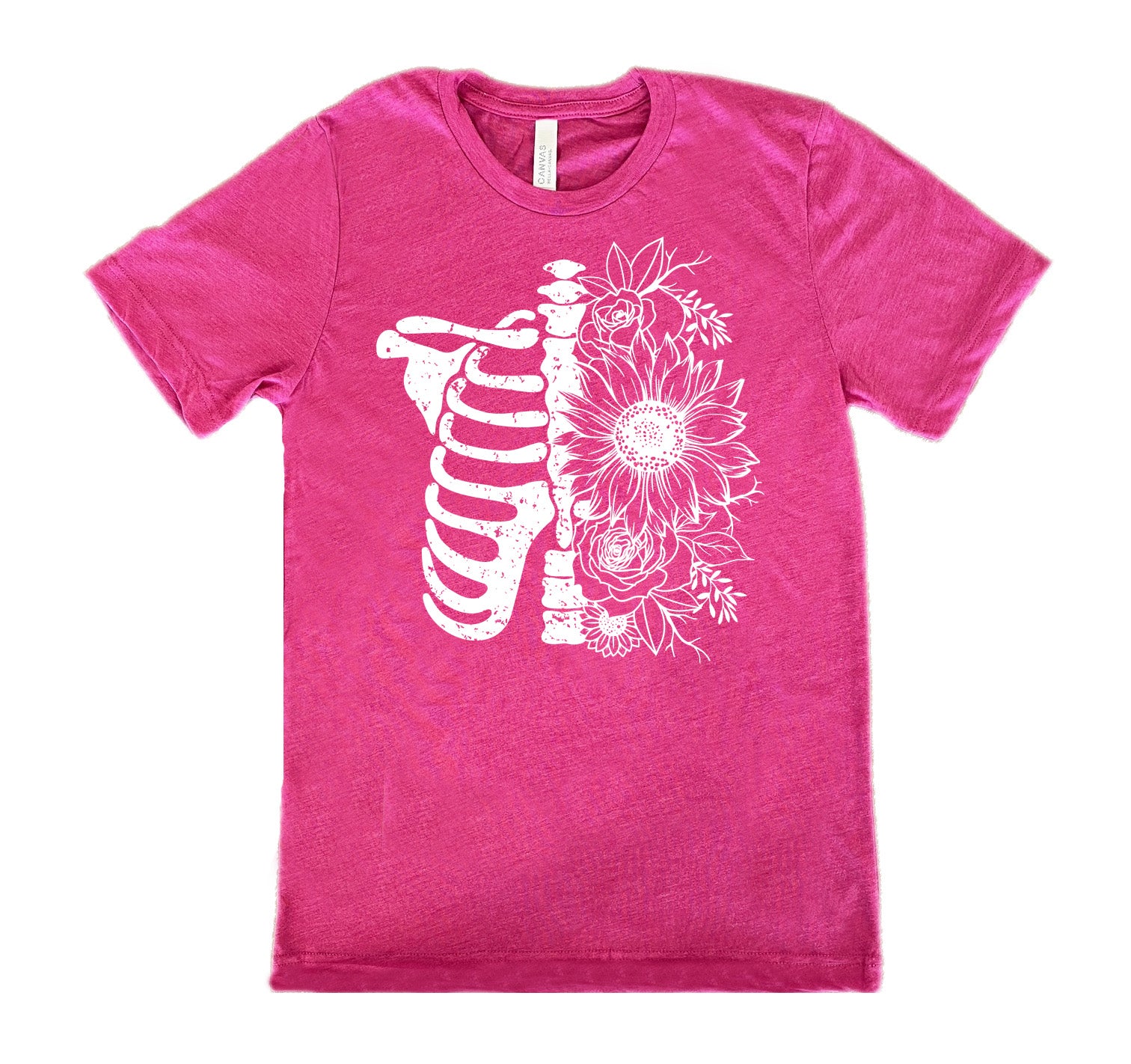 berry shirt with a white Floral Ribcage graphic on it