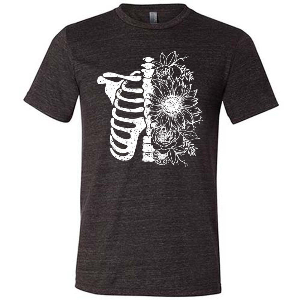 black shirt with a white Floral Ribcage graphic on it