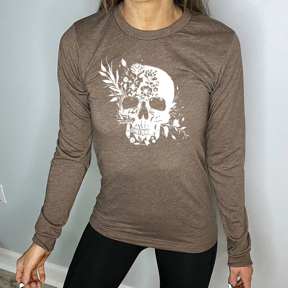 brown long sleeve shirt with a white Floral Ribcage graphic on it