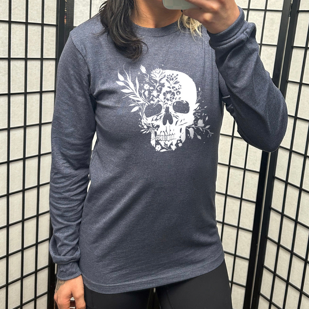 navy blue long sleeve shirt with a white Floral Ribcage graphic on it