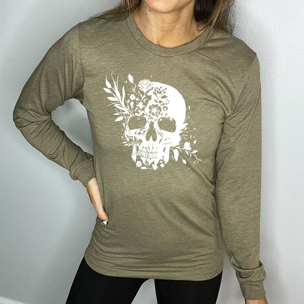 olive green long sleeve shirt with a white Floral Ribcage graphic on it