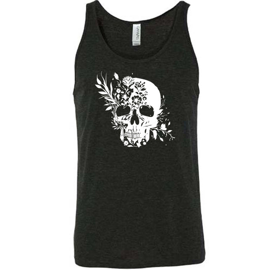 black shirt with a white floral skull graphic on it