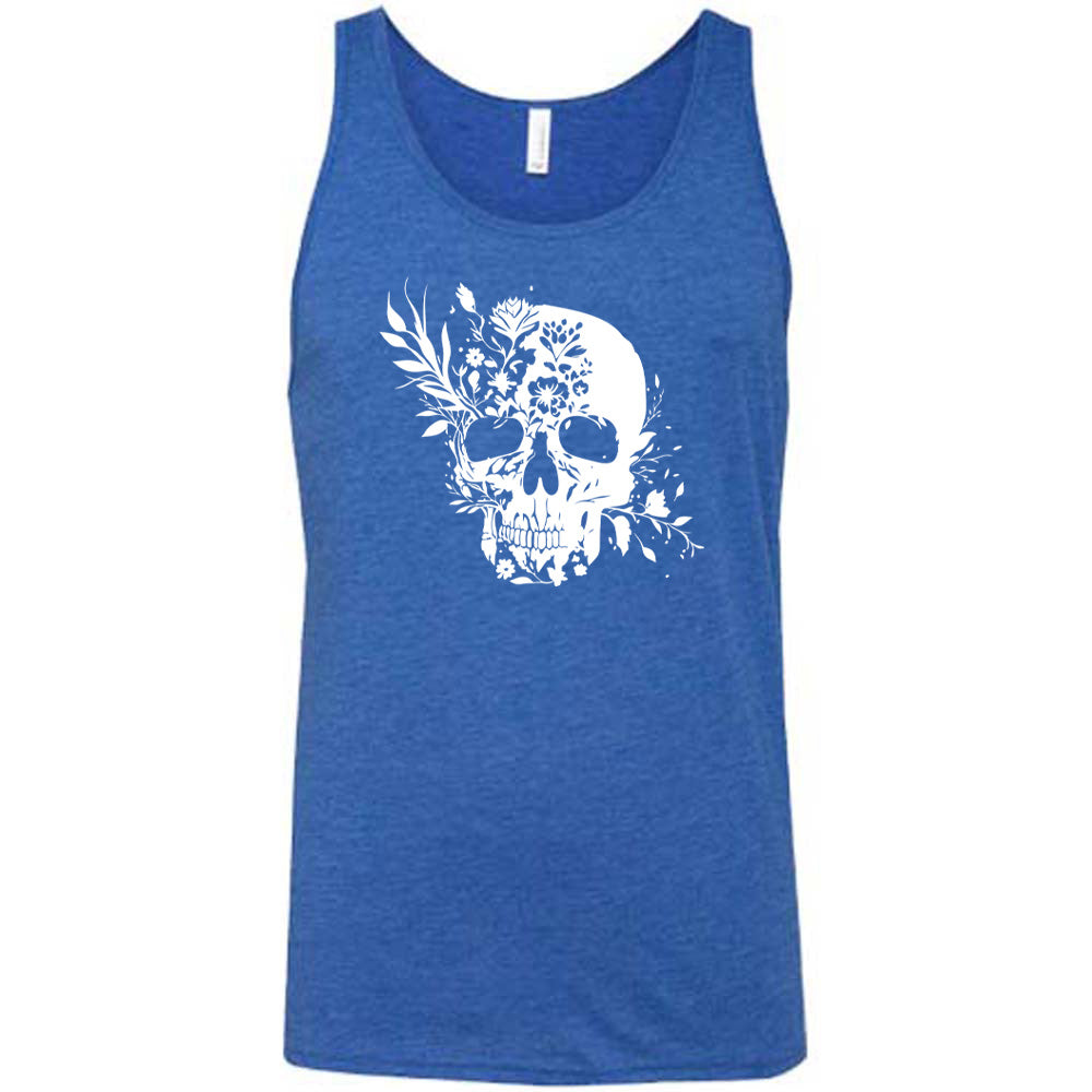 blue shirt with a white floral skull graphic on it