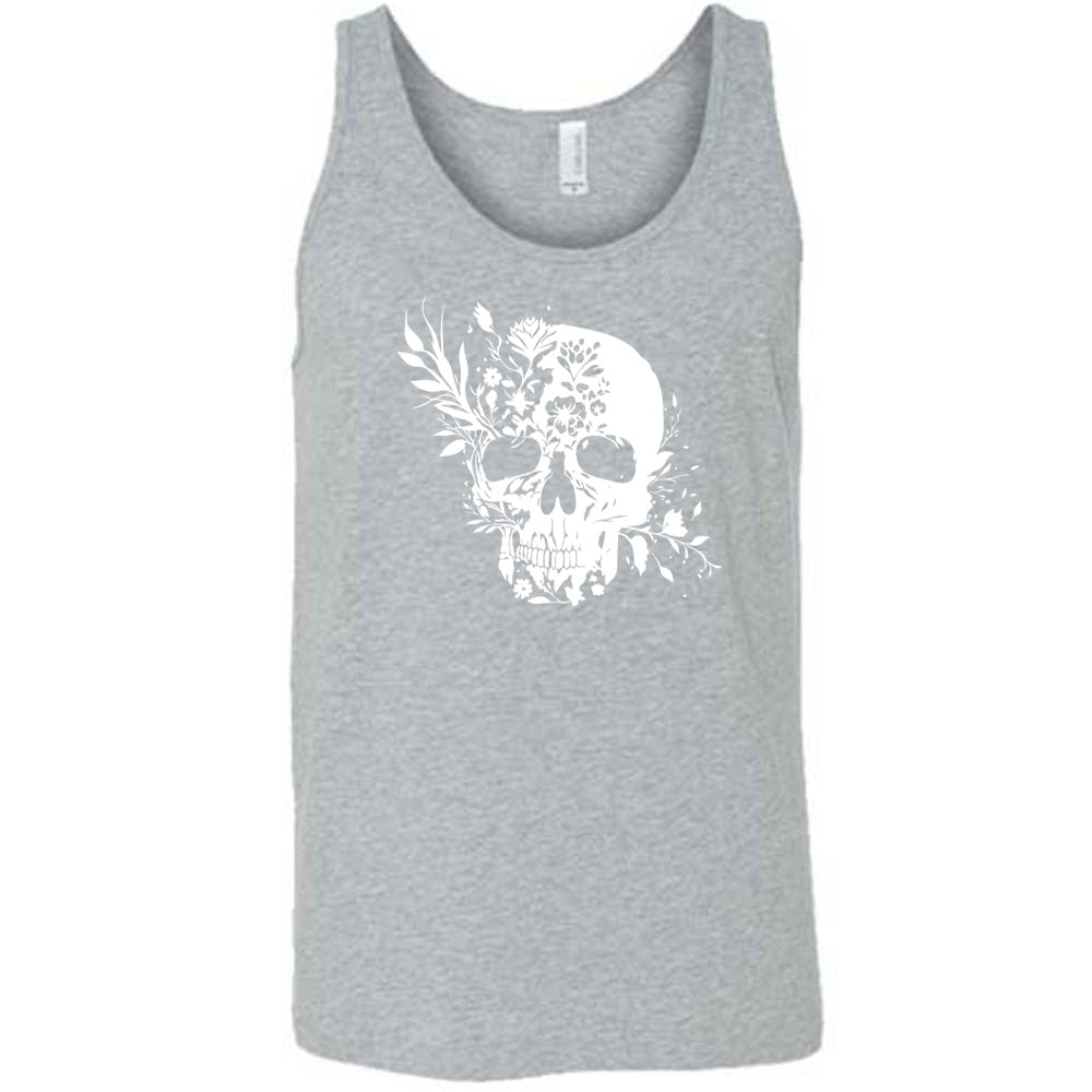 grey shirt with a white floral skull graphic on it