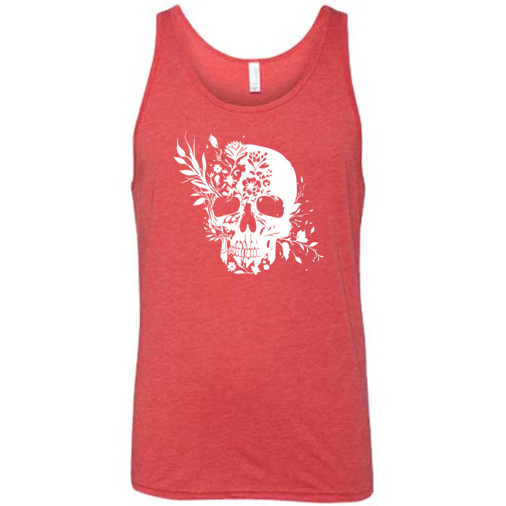 red shirt with a white floral skull graphic on it