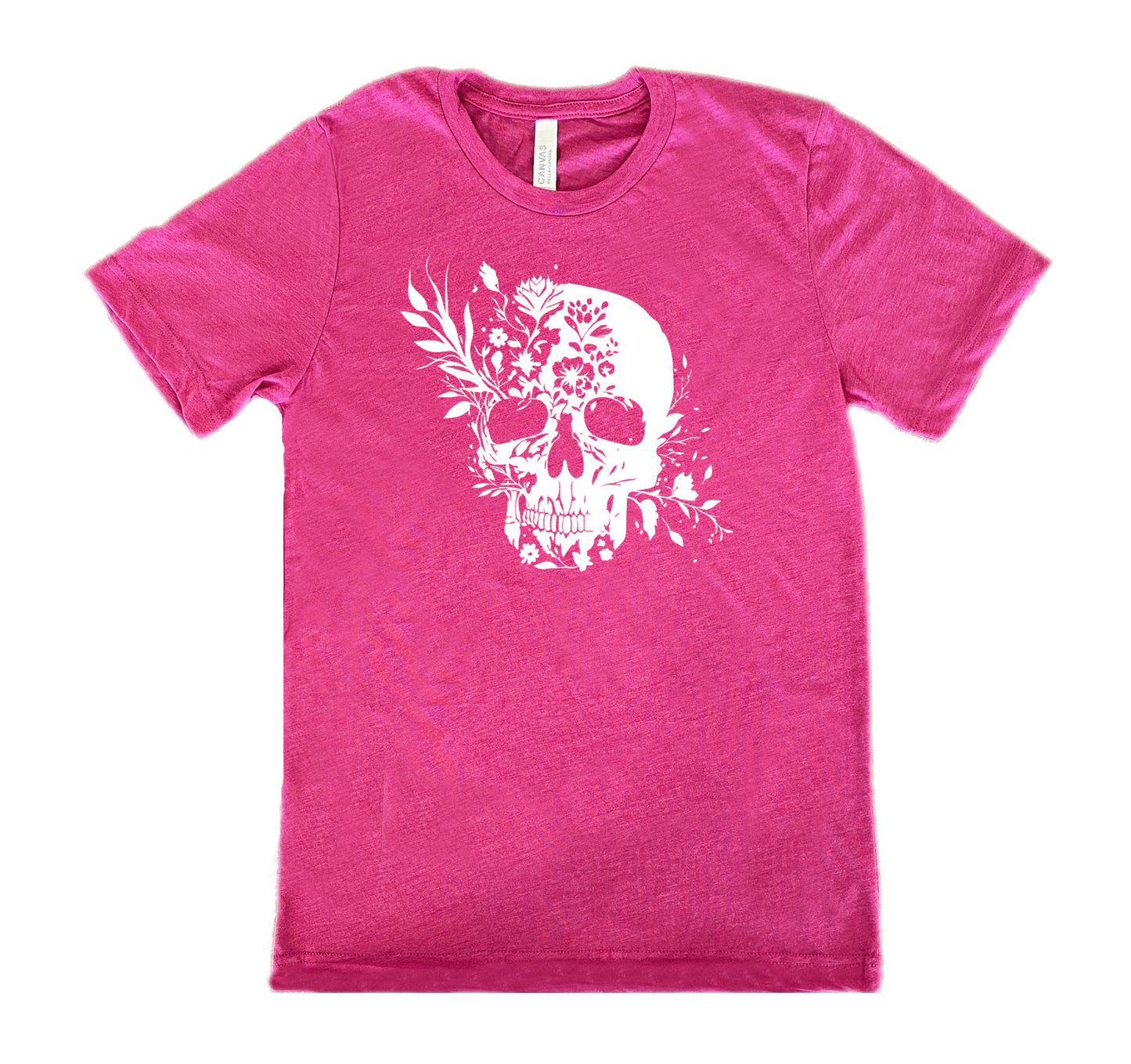 berry shirt with a white floral skull graphic on it