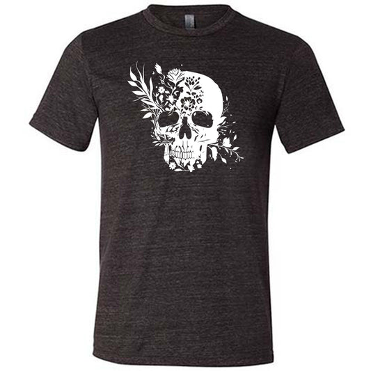 black shirt with a white floral skull graphic on it