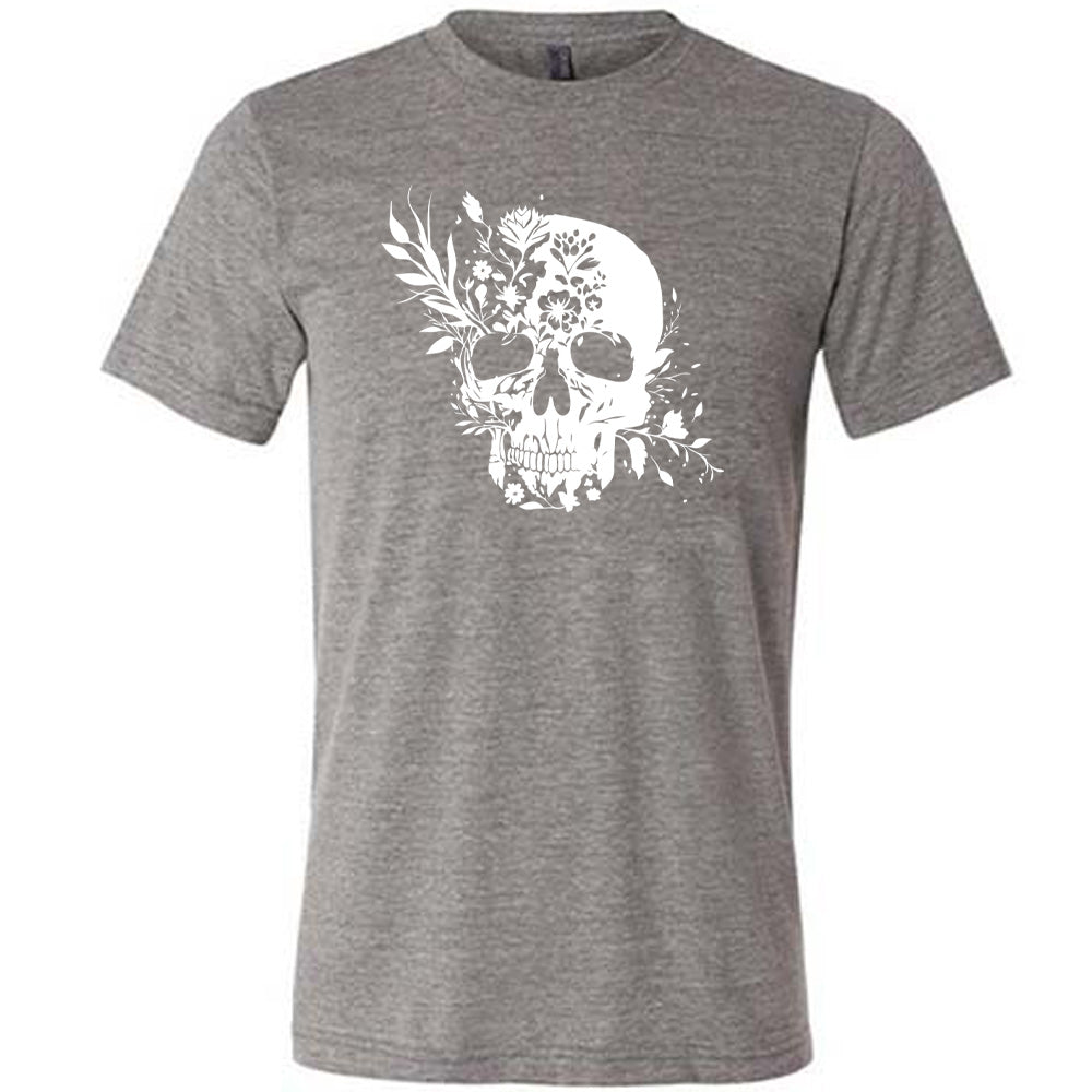 grey shirt with a white floral skull graphic on it