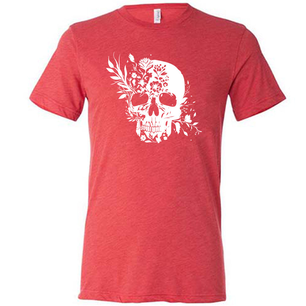 red shirt with a white floral skull graphic on it