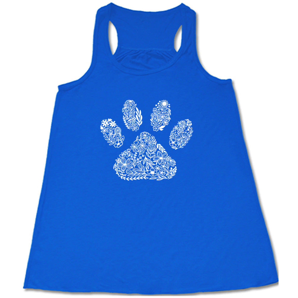 blue shirt with a Paw Floral Design graphic on it