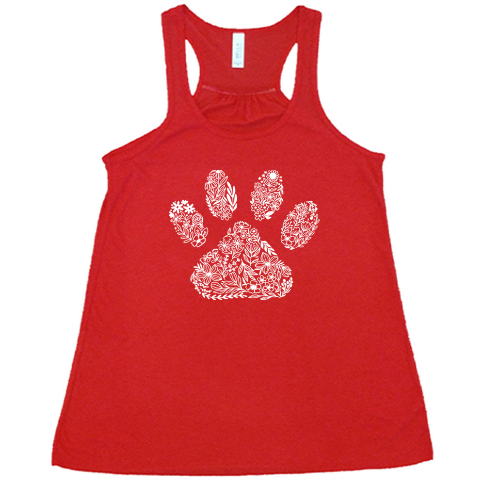 red shirt with a Paw Floral Design graphic on it