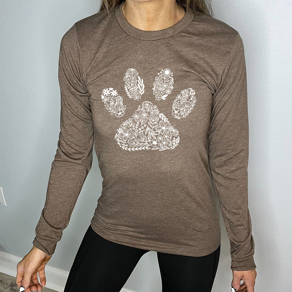 brown shirt with a Paw Floral Design graphic on it