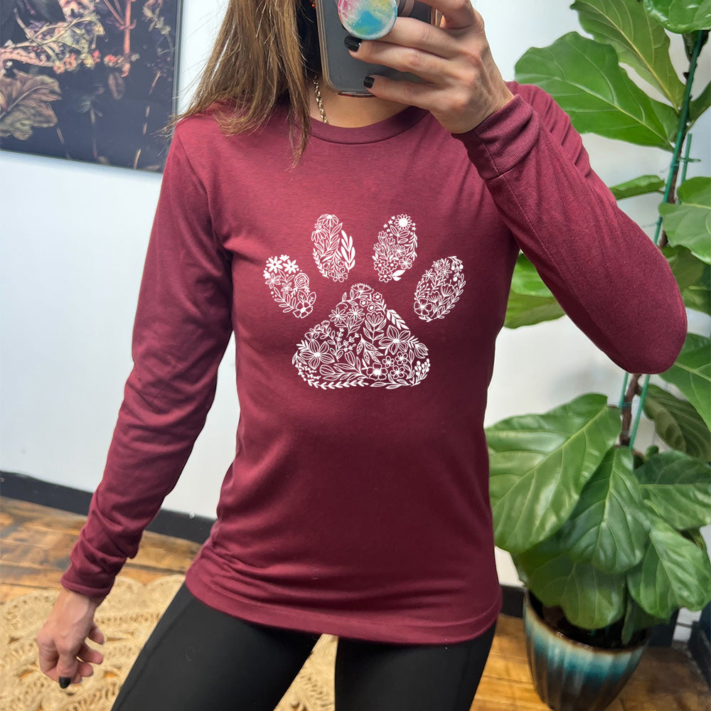 maroon shirt with a Paw Floral Design graphic on it