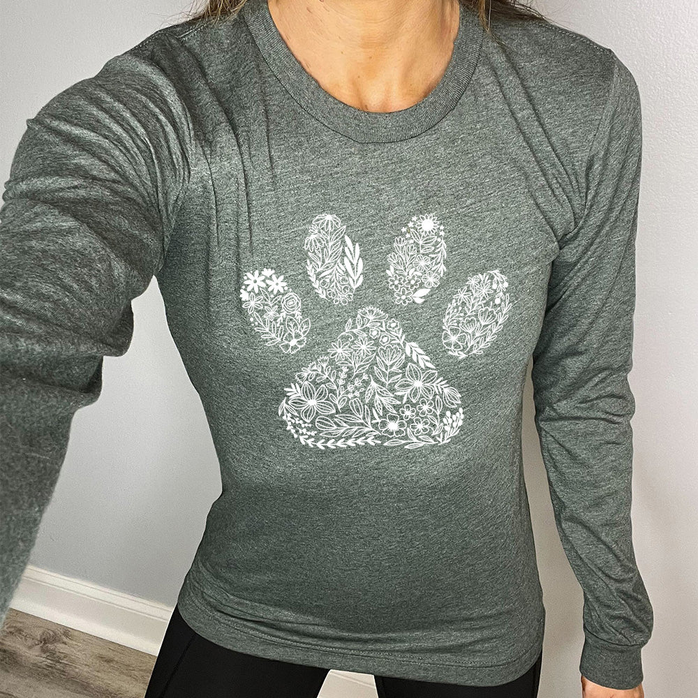 forest green shirt with a Paw Floral Design graphic on it