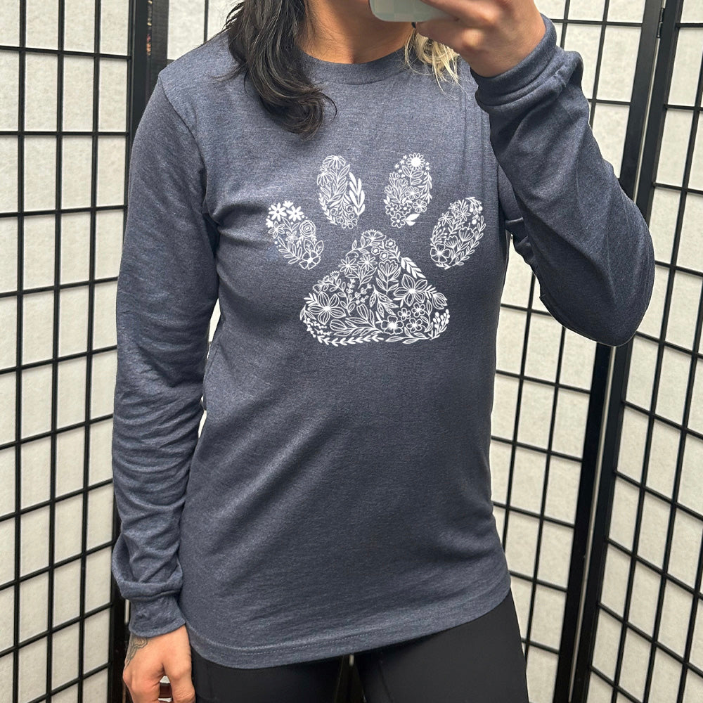 navy blue shirt with a Paw Floral Design graphic on it