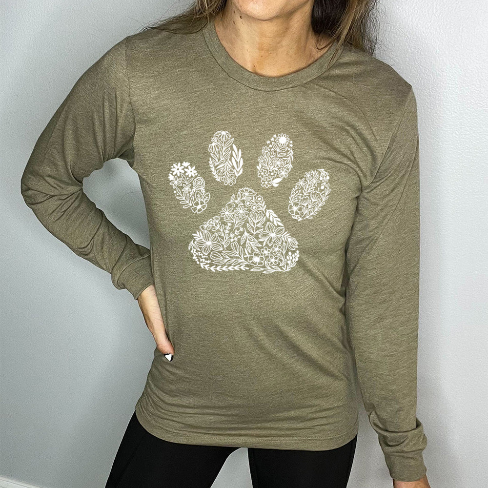 olive green shirt with a Paw Floral Design graphic on it