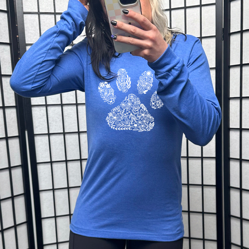 blue shirt with a Paw Floral Design graphic on it