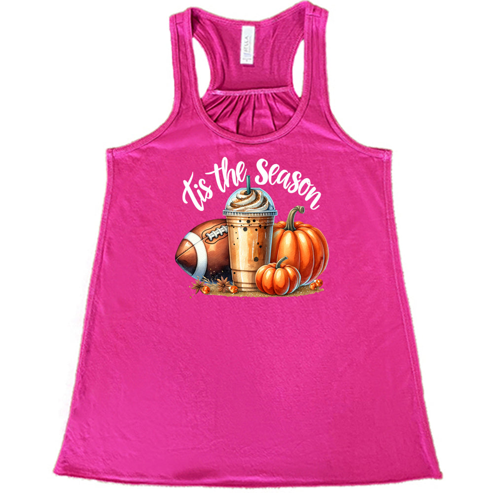 berry shirt with a football, coffee and pumpkin graphic on it with the quote "tis the season" on it