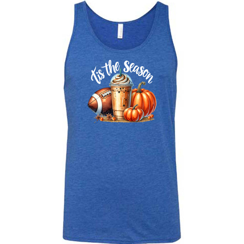 blue shirt with a football, coffee and pumpkin graphic on it with the quote "tis the season" on it