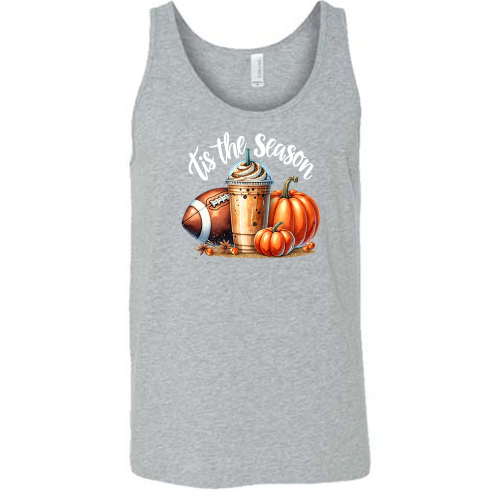 grey shirt with a football, coffee and pumpkin graphic on it with the quote "tis the season" on it