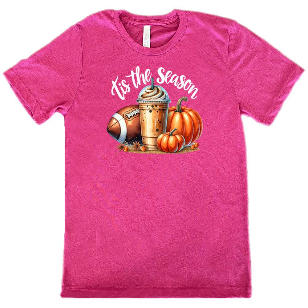 berry shirt with a football, coffee and pumpkin graphic on it with the quote "tis the season" on it