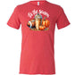 red shirt with a football, coffee and pumpkin graphic on it with the quote "tis the season" on it