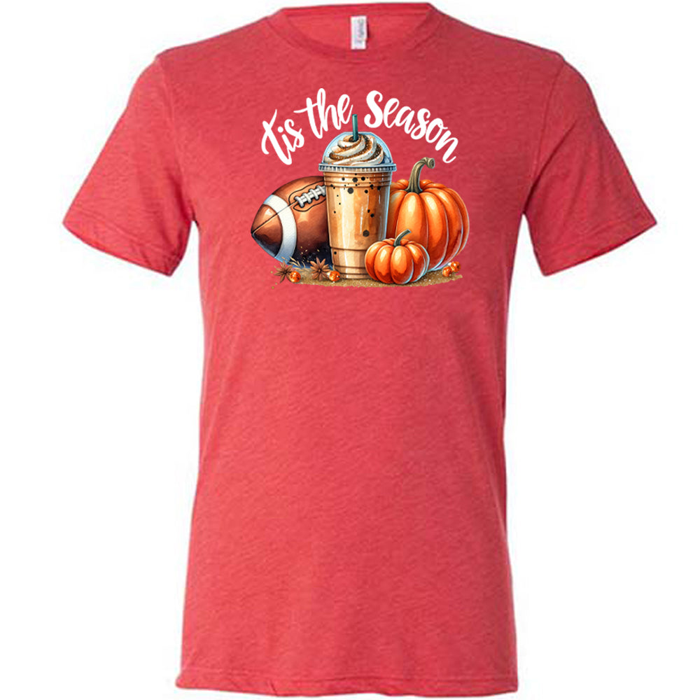 red shirt with a football, coffee and pumpkin graphic on it with the quote "tis the season" on it