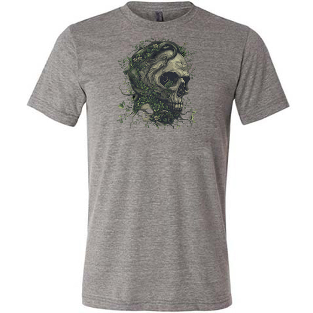 grey shirt with a tree skull graphic in the middle