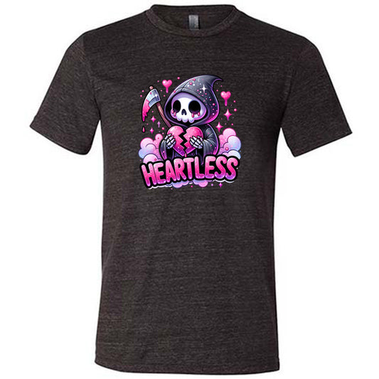 black shirt with the text "Heartless" on it